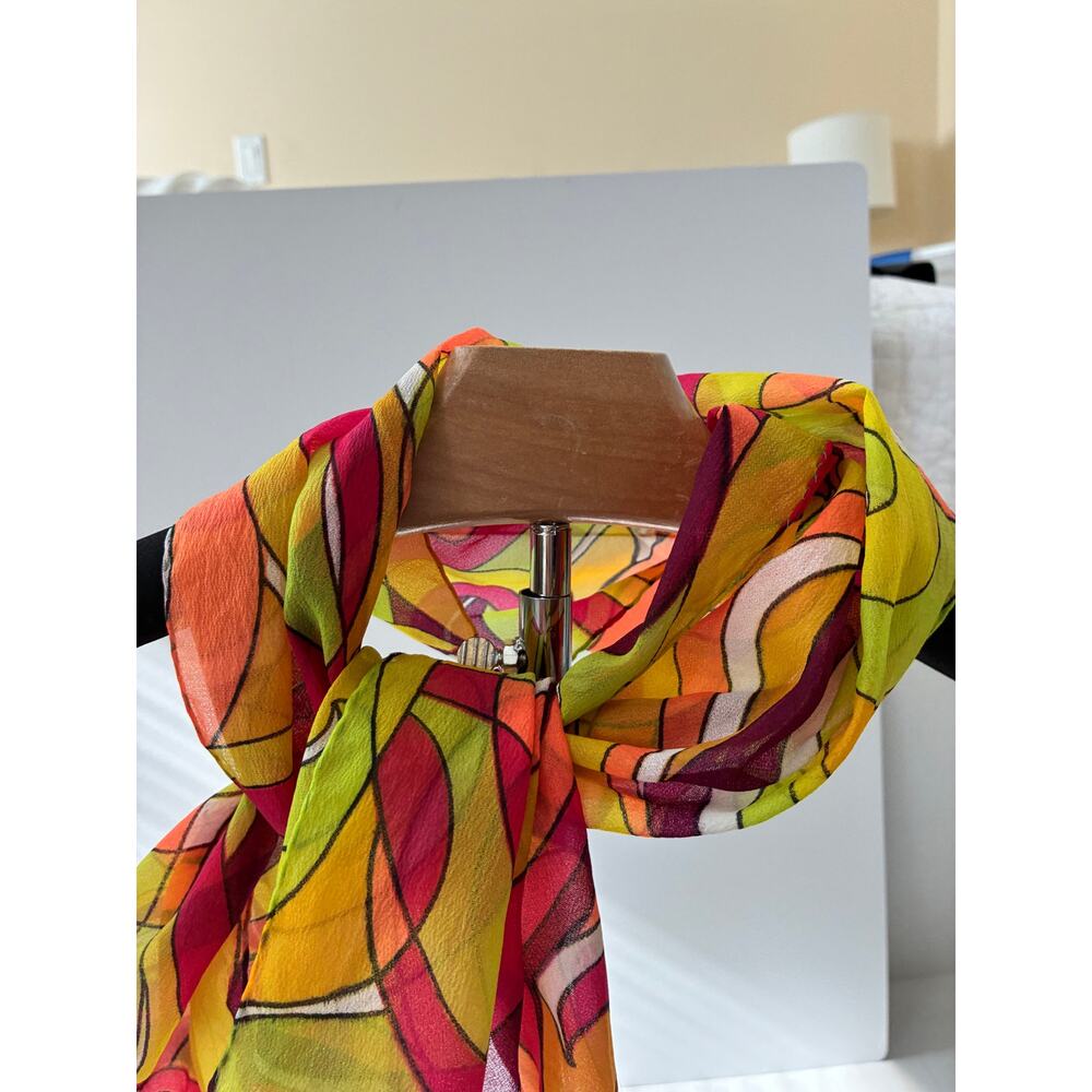 Marci Cara Scarf Colorful 70's Design Mod Swirl Chiffon Nylon Crepe 44" x 12.5" - Picture 2 of 4